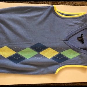 Blue sleeveless argyle sweater vest.